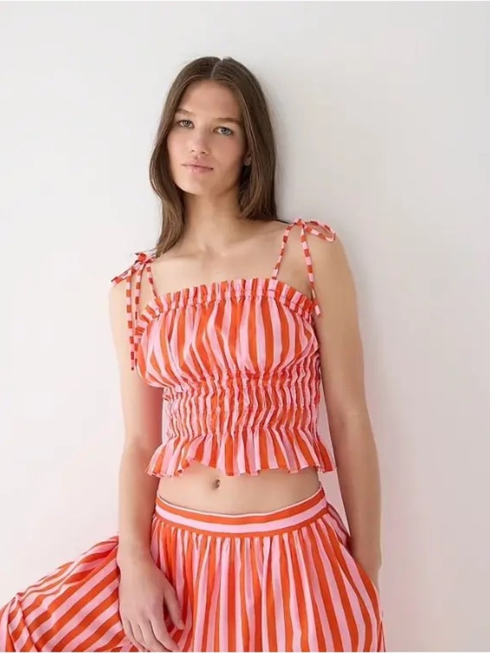 J crew Smocked Ruffled striped crop Top Sz medium NWT pink red Barbie core fun